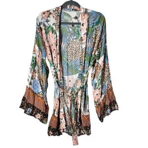 Blue and Green Kimono-Style Robe with Tie Belt